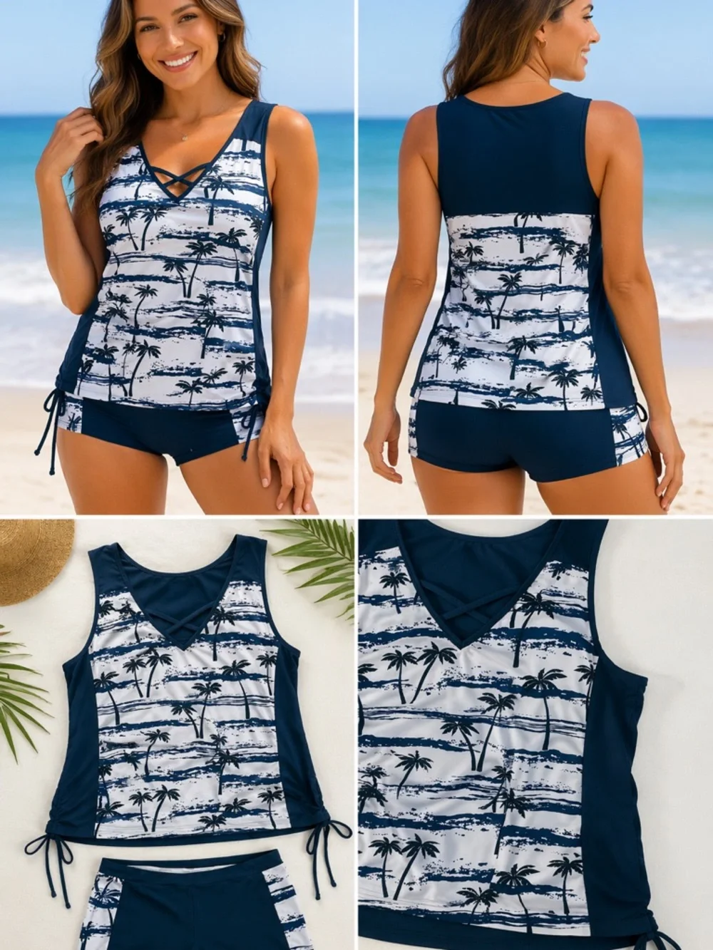 Navy & White Palm Print Tankini Set Top 2x Bottoms 1X - Picture 2 of 4